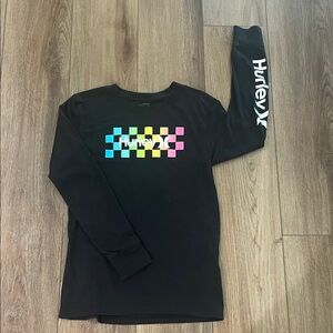 Hurley Kids Black Long Sleeve Tee with Colorful Checkered Design | boys large